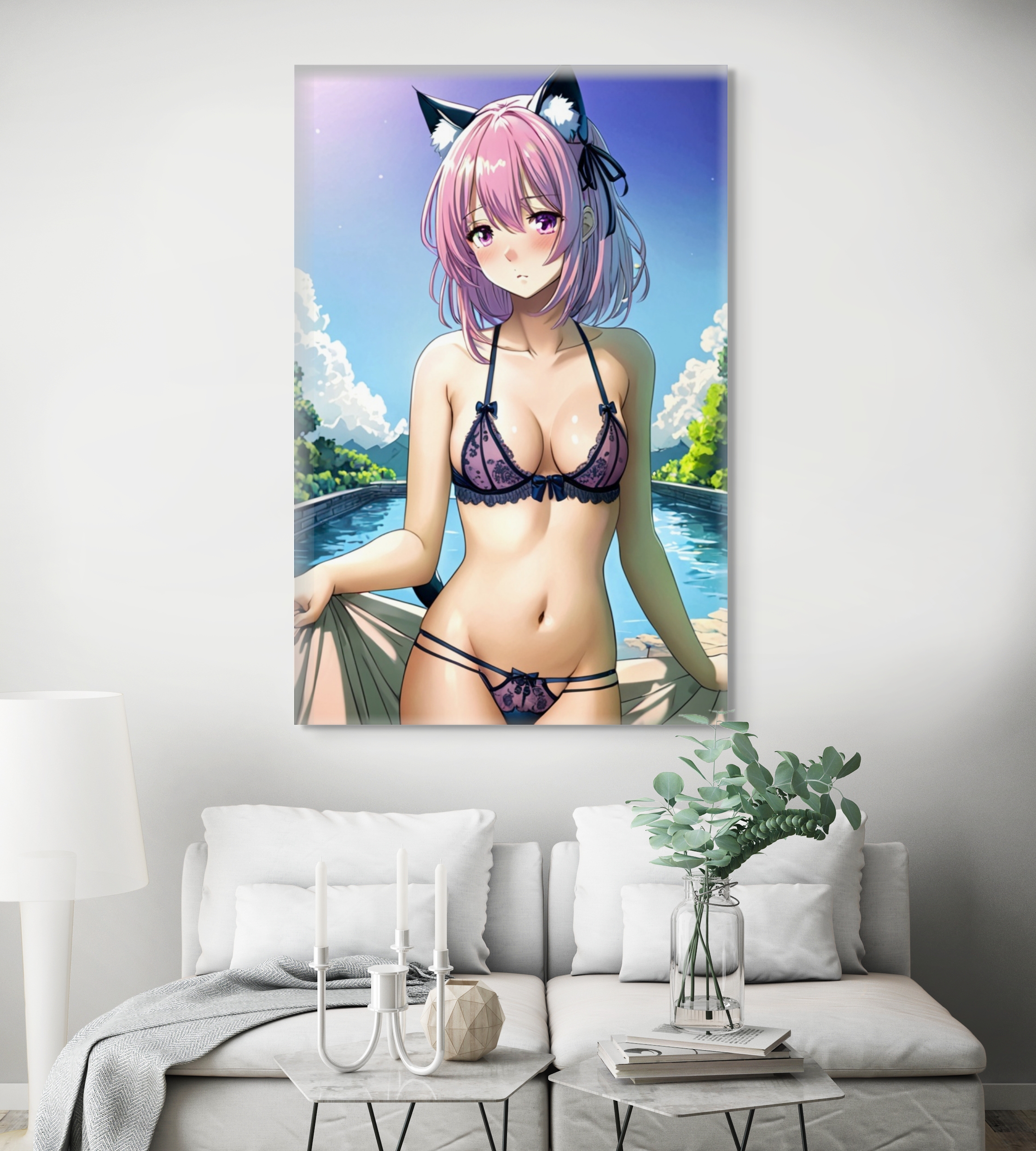 Anime Erotic Catgirl Poolside – Premium Print Canvas Wall Art, HQ - Image 2