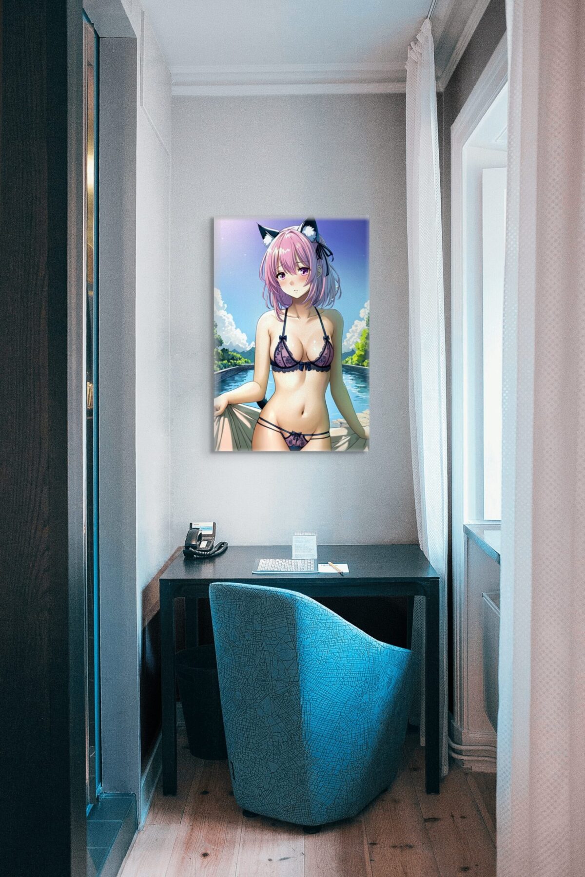 Anime Erotic Catgirl Poolside – Premium Print Canvas Wall Art, HQ - Image 5